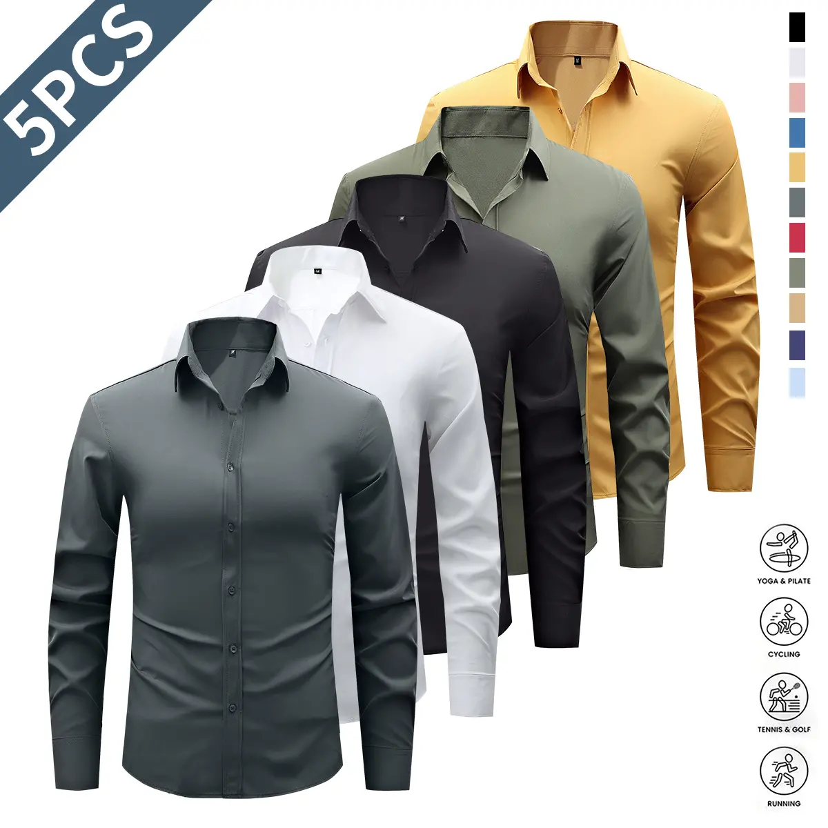 5 Pack Men's Dress Shirts - Wrinkle-Free Point Collar Long Sleeve Business Shirts, Solid Color Regular Fit H-Cut, Soft & Comfortable Fabric, Suitable for Work, Parties, Office 5 Pack Men's Dress Shirts - Wrinkle-Free Point Collar Long Sleeve Business Shirts, Solid Color Regular Fit H-Cut, Soft & Comfortable Fabric, Suitable for Work, Parties, Office