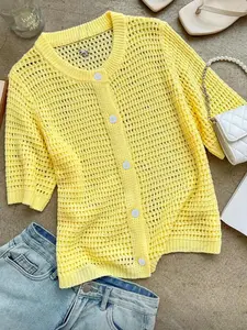 Summer Hollow Out Ice Silk Button Short Sleeve Cardigan, Fashion Elegant Beach Vacation Casual Loose Knit Top for Women