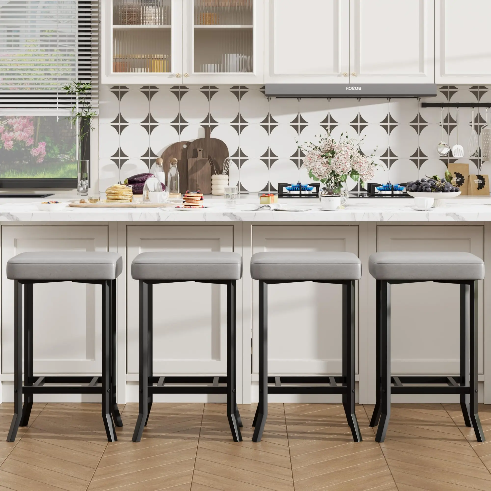 Faux PU Leather Kitchen Bar Chairs (Set of 2 or 4) - 24.6in Backless Modern Bar Stools, Irregular Matte Steel Scratch-Resist Legs, Thick High-Density Foam Saddle Seat, Water-Resistant Easy-Clean, Quick Assembly Island-Ready Fit for Home Use