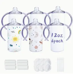 6pcs 12oz Sublimation Sippy Cup Blank With Handles, Straight Sublimation Tumblers Stainless Steel Insulated Skinny Cups With Splash-proof Lid, Shatterproof Water Tumbler, Cute Drinkware