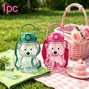 1000ml Cute Bear Water Bottle with Straw, Strap & Handle, BPA-Free, Portable Large Capacity Cup for Travel & School
