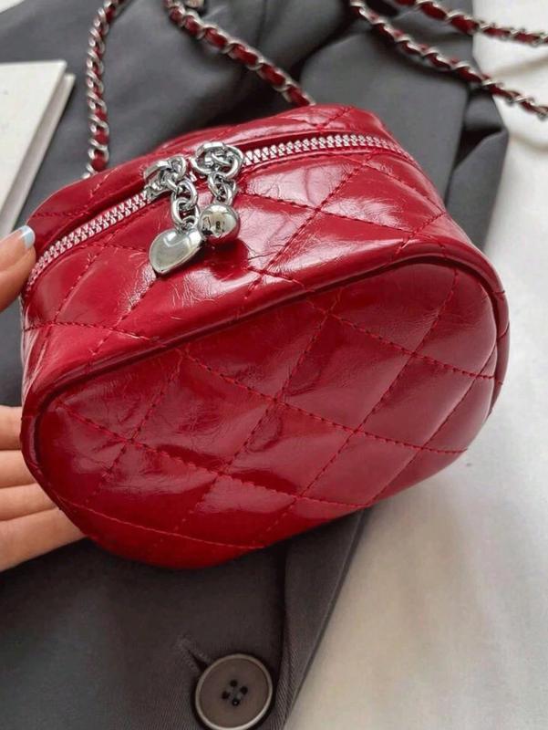Mini Women's Handbag - Solid Red Quilted Crossbody Bag with Heart Charm Zipper, Chain Strap, and Top Handle, Cute Card/Key Coin Purse, Y2K Style Bag for Daily/Shopping/Travel
