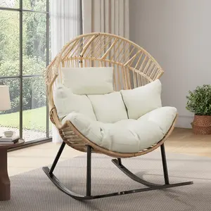 [FLASH SALE] Garvee Wicker Rocking Egg Chair, Oversized Ergonomic Rattan Lounge Rocker with Extra-Soft Pillow and Thick Cushion for Indoor & Outdoor, Living Room, Backyard & Garden – Cream Cushion, Natural Wicker Frame