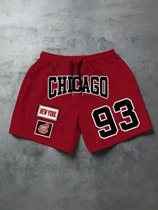 Men's Fashion Streetwear Sport Style Athletic Digital Letter Print Winter Straight Leg Drawstring Sports Shorts, Fitted Graphic Pants