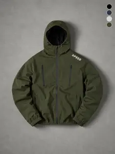 Men’s army green functional hooded aviator jacket featuring SPEED letter branding on the side shoulders, practical multi-zip pockets, and an adjustable hood with drawstring; wrinkle-resistant woven fabric; full-length front zipper; suitable for everyday m