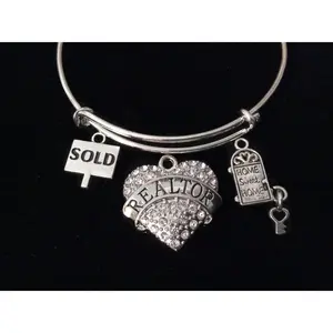 Sold Sign Home Sweet Home Crystal Heart Realtor Bracelet Expandable Adjustable Silver Wire Bangle