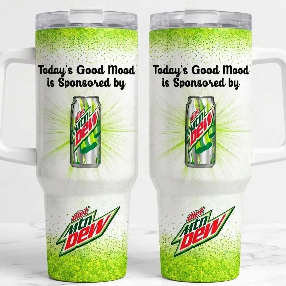 Today Good Mood Sponsored By Tumbler 40oz with Handle, Lime Green Glitter Can Graphic Insulated Travel Mug with Straw, Diet MD Soda Fan Stainless Steel Cup, Funny Caffeine Drink Merch, Coworker Birthday Gift for Her, Men