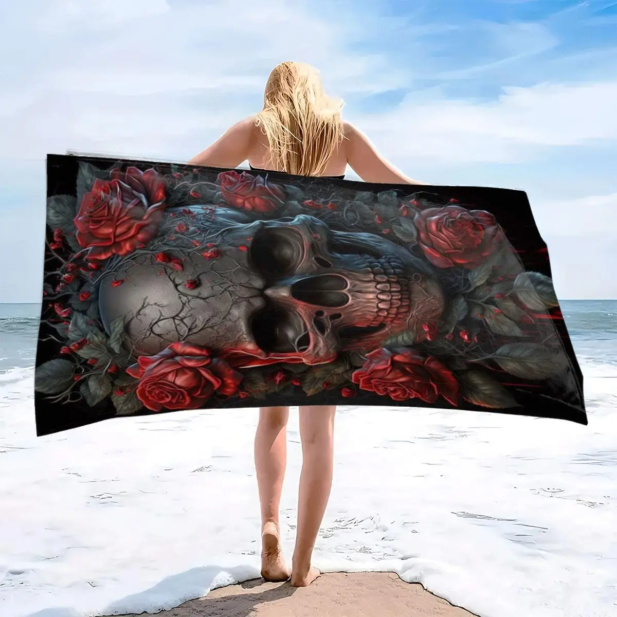 Skull & Rose Pattern Beach Towel, Design Beach Towel, Quick Drying Water Absorbent Towel, Soft Towel for Beach, Swimming, Camping, Beach Towel for Women & Men, Beach Towel Standard, Quick Drying Towels