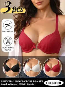 3 Pack Women's Front Closure Lace Racerback Bra, Ribbed Soft Breathable Fabric, Push Up Lift Bust Shaping, Adjustable Straps, Multi Colors For Daily Wear