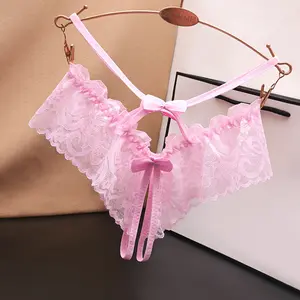 Sexy Hollow Transparent Lace Women's Open Crotch Panties Low Waist Triangle Thong T-back
