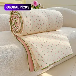 Tulip Print Summer Lightweight Quilt: soft, skin-friendly air-conditioning quilt and summer cooling blanket, perfect for summer bedrooms, offices, beds, living rooms, and for home relaxation, Floral Print Quilt Floral Coverlet Bedding #GLOBAL PICKS