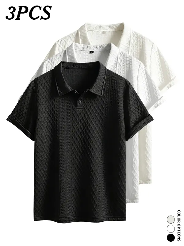 3-Pack men‘s summer outdoor casual jacquard polo shirts—the textured fabric resists shape distortion, and the traditional lapel is perfect for business meetings and everyday shopping/casual wear.