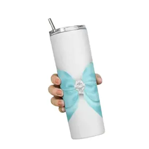 White Insulated Tumbler with Teal Satin Bow and Diamonds includes Lid and Straw, Reusable Travel Tumbler for Water, Smoothies, and Tea. 20oz Iced Coffee Cup with Lid & Stainless Steel Straw. Drinkware Mug Drink Flasks Insulated Cup Skinny Portable