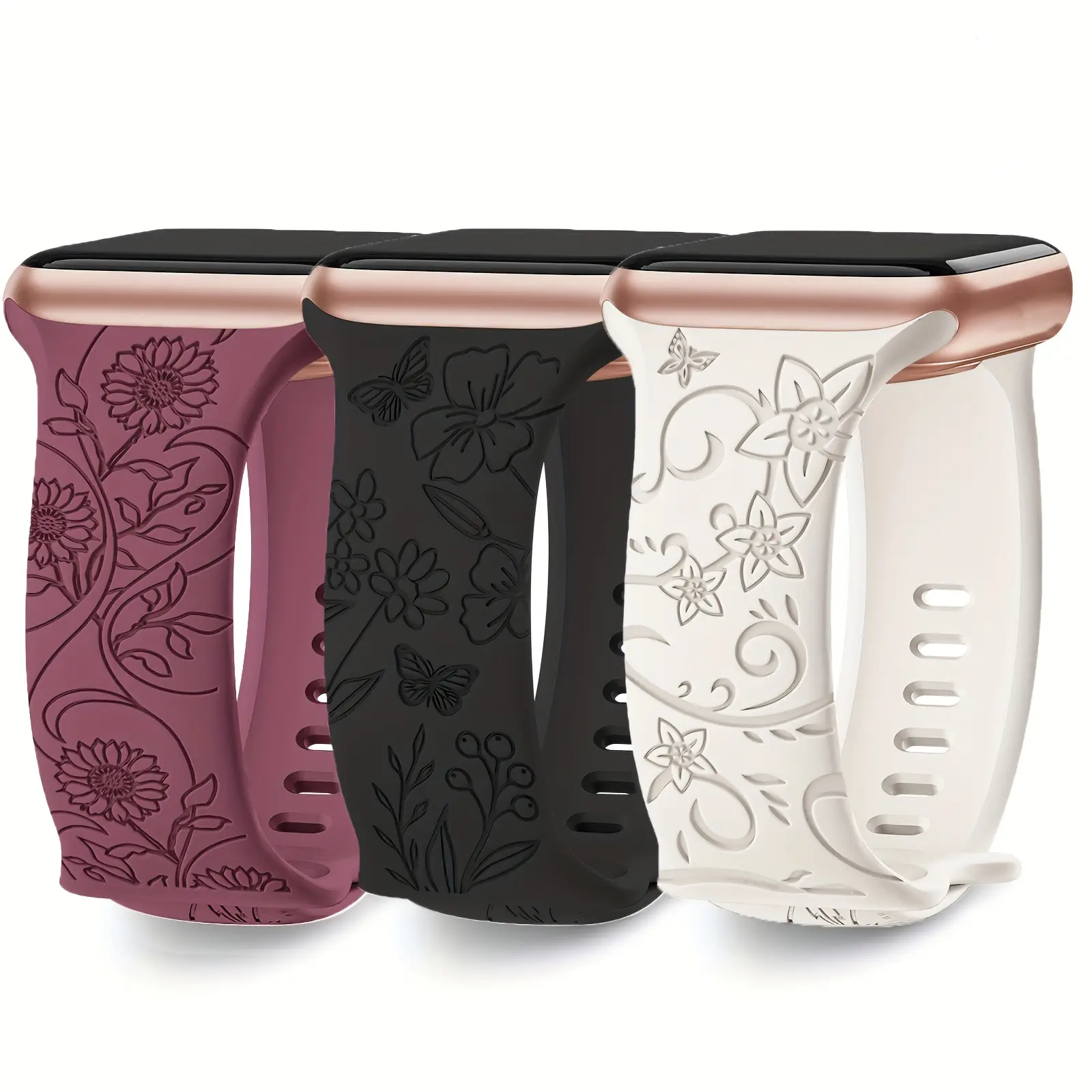 3-Pack Floral Engraved Watch Bands — Compatible with Apple Watch 38mm/40mm/41mm/42mm/44mm/45mm/46mm/49mm. Unisex, Soft, and Stylish Laser-Engraved Wildflower Pattern Sports Bands — Suitable for iWatch Series 11/10/9/Ultra/3/2/1/SE/8/7/6/5/4/3/2/1., Access