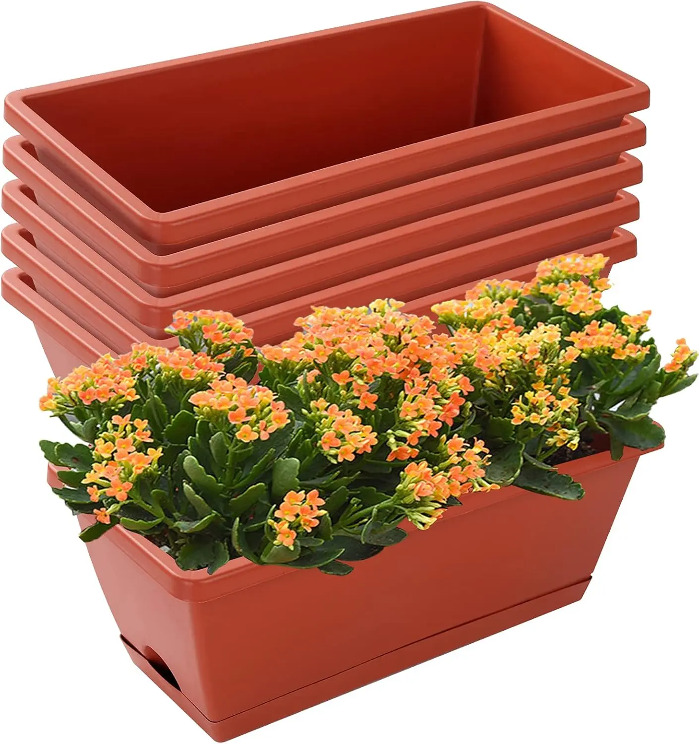 Window Box Planter,7 Pack Plastic Vegetable Flower Planters Boxes | 17 Inches Rectangular Flower Pots with Saucers for Indoor Outdoor Garden, Patio, Home Decor (Red)