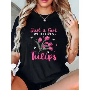 Women's "Just a Girl Who Loves Tulips" T - Shirt, Pink Tulip & Heart Graphic Tee, Casual Spring Summer Fashion for Flower Lovers 100% Cotton T-shirt