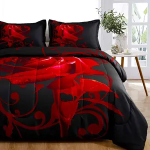 Valentine's Day Red Comforter Set Queen, Reversible Red Rose Pattern Printed Bedding Down Comforter with 2 Pillowcases for All, Soft Microfiber Lightweight Bedding Set 90"x90"