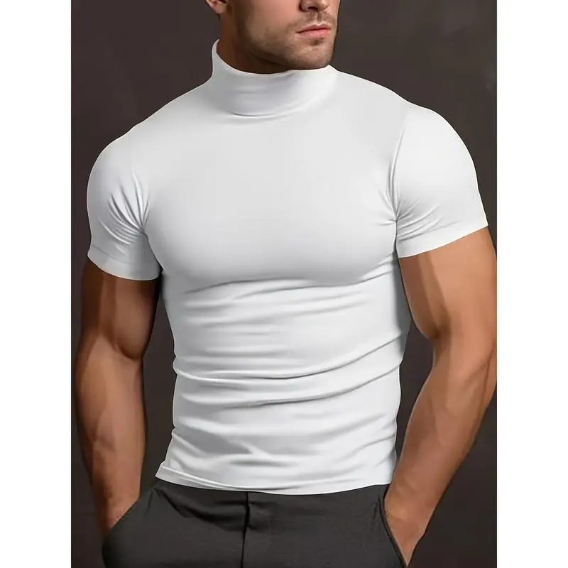 Men's Solid Color Stretchy Short Sleeve Turtleneck Sports T-shirt For Summer Casual Comfy Slim Training Tops As Gift Athletic Fashion RE183632