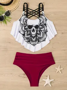 Skull Mandala Print Flounce Tankini Set - Crisscross Back High Waisted Swimsuit, Swimsuits, Tankini Swimsuits Set