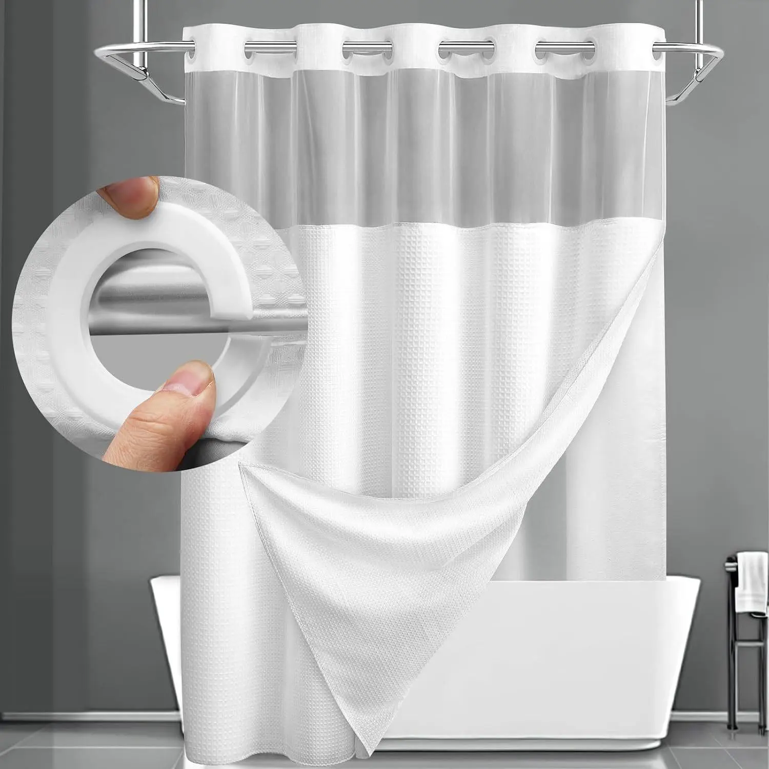 Waffle Weave Shower Curtain with Snap-in Fabric Liner, 1 Count Waterproof Shower Curtain, Bathroom Supplies for Home Hotel Salon, Shower Curtain, Shower Curtain And Liner, Hotel Shower Curtains With Snap On Liners