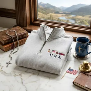USA Embroidered Icons Quarter Zip Sweatshirt | Patriotic Americana Apparel