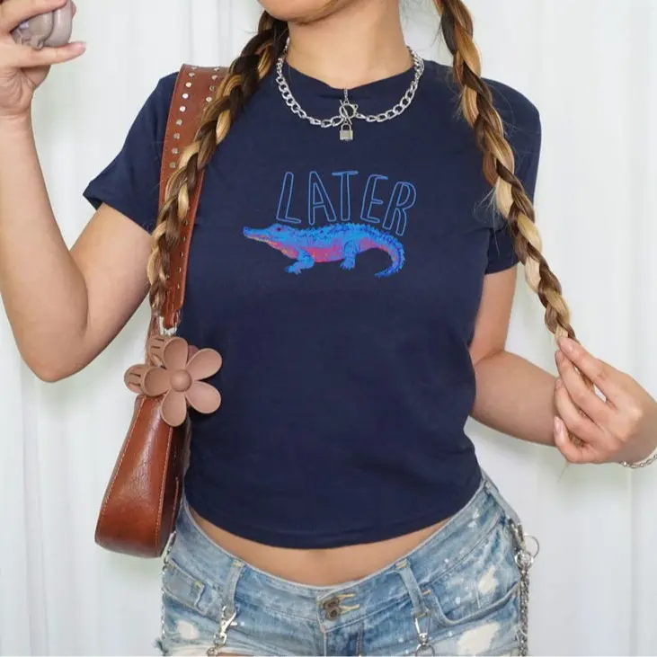 Later Gator Neon 90s Baby Tee, Graphic Baby Tee, Retro Trendy Alligator Y2K Tee, Alligator Cropped Shirt, Gift for Best Friend