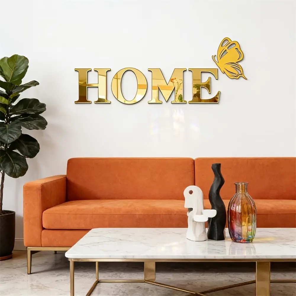 5pc, Golden letters HOME butterfly logo mirror wall sticker, DIY self-adhesive removable acrylic wall sticker for home decoration, used for wall decoration in living rooms, bedrooms, and entrances, Decorative Wall Sticker