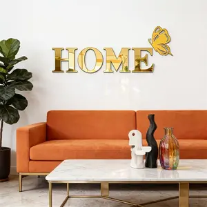 5pc， Golden letters HOME butterfly family logo mirror wall sticker, DIY self-adhesive removable acrylic three-dimensional wall sticker for home decoration, used for wall decoration in living rooms, bedrooms, and entrances