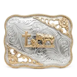 Praying Cowboy Western Belt Buckle – Christian Cross Hebilla Vaquera Rodeo Two Tone Rose Gold Silver Cutout Rope Edge Gift Fits 1.6 Inch Belt