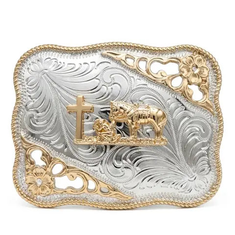 High Quality Fashionable Decorated Western Praying Cowboy Belt Buckle - 2-Tone Gold & Silver, 3D Horse & Christian Cross, Floral Engraved Rodeo, Classic Rope Edge, Fits 1.6" Straps, Buckle Statement Men's Belts Accessory, Ideal Father Rodeo Gift