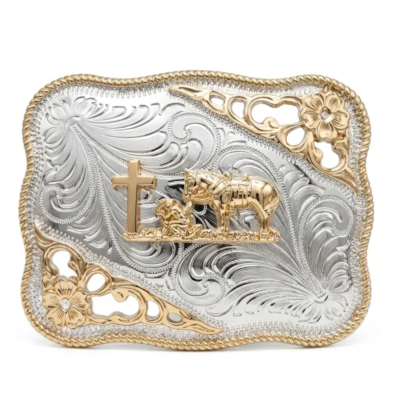 High Quality Fashionable Decorated Western Praying Cowboy Belt Buckle - 2-Tone Gold & Silver, 3D Horse & Christian Cross, Floral Engraved Rodeo, Classic Rope Edge, Fits 1.6" Straps, Buckle Statement Men's Belts Accessory, Ideal Father Rodeo Gift
