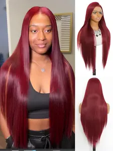13x4 Lace Front Wine Long Straight Fiber Wigs for Women, Pre-Parted Natural Hairline, Heat Resistant, 32 Inches, Perfect for Daily Wear & Parties