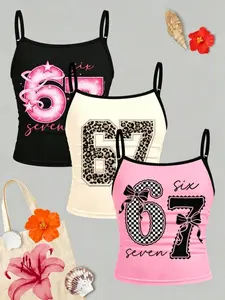 3-piece vintage Y2K style girls' camisole set, size 67 patterned camisole vest, pink/black/beige thin shoulder strap sleeveless Casual top, featuring leopard print, checkered pattern, and glitter print, suitable for girls and teenagers