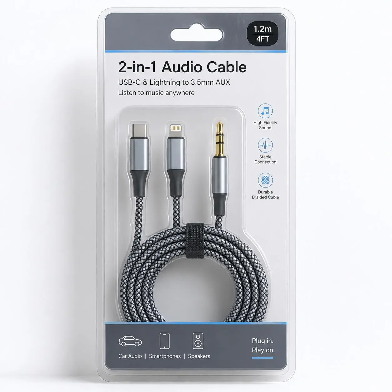 Aux Audio Cable for iPhone, 2 in 1 USB C to 3.5mm Aux Audio Lightning to 3.5mm Audio Cable Fit with iPhone 17 16 15 Plus/14/13/12/11/XR, Galaxy S24/S23/S22, Pixel 8/7/6, iPad to Car Stereo Speaker 4FT