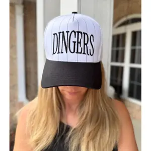 Dingers Stripe Vintage Trucker Hat, Embroidered 3D Cap, Baseball Mom Game Day Hat, Trendy Baseball Apparel, Pinstripe Baseball Mama Hat - Stripe Vintage Trucker Hat Embroidered Trucker Cap Unisex Adjustable Trendy Summer Hat Casual Hat Blue Black hat