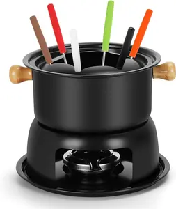 Cast Iron Cheese & Chocolate Fondue Pot Set with 6 Colored Forks, French Fondue Kit for 4-6 People, Ideal for Camping Home Party, Black
