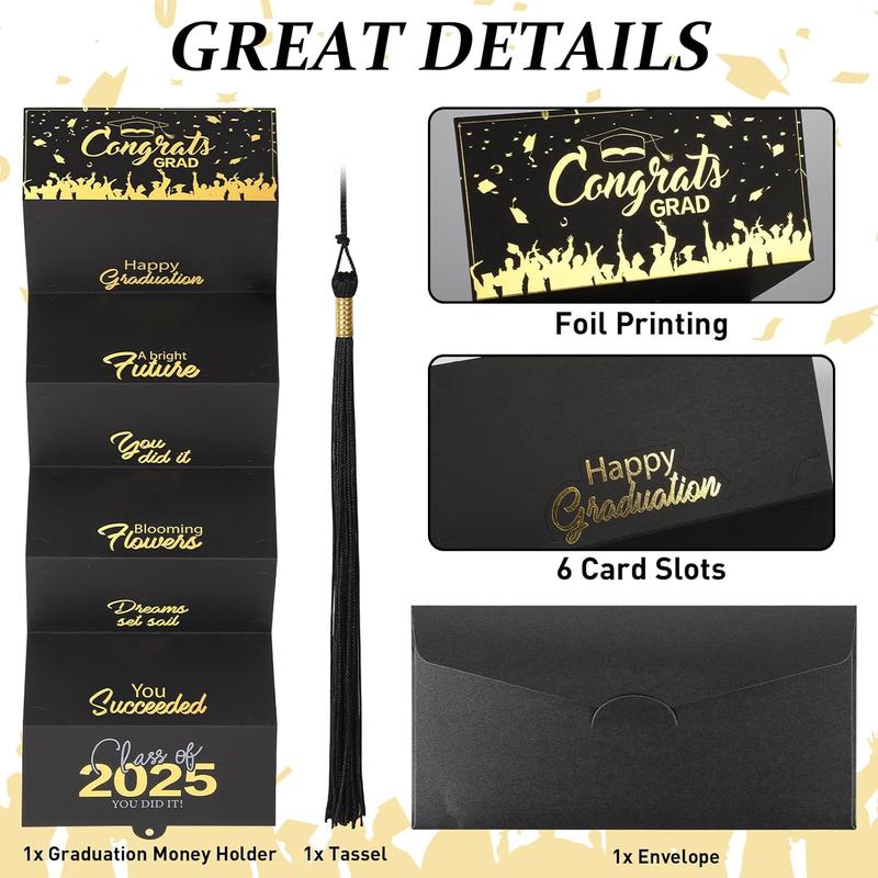 2025 Graduation Money Cards with Envelope, Graduation Gift Card Money Holder 2025, Graduation Money Holder for Cash for College High School Graduation Party (Black Gold)
