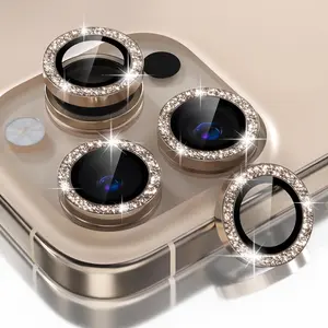 Compatible For iPhone 16 Pro,iPhone 16 Pro Max Camera Lens Protector Bling, 9H Tempered Glass Camera Cover Screen Protector Metal Ring Decoration Accessories(Glitter-Titanium Desert)