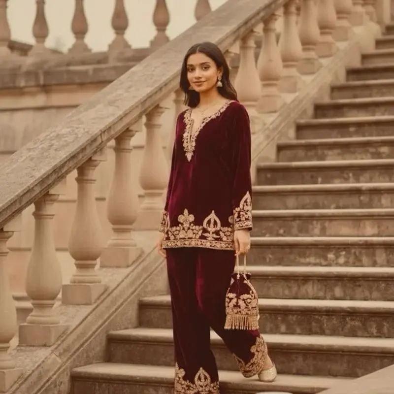 Women's Viscose Velvet 3-Piece Palazzo Suit Set - Ready-to-Wear Kurti Dress with Gold Chain Stitch Embroidery, Long Sleeves, Elastic Waist, Potli Bag, Heavy Micro Cotton, Full Sleeve, Chain Stitch Work