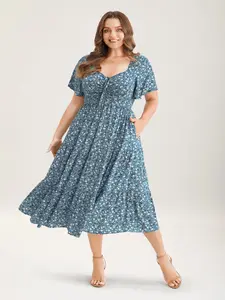 BLOOMCHIC Valentine Gift Ditsy Floral Sweetheart Drawstring Pocket Tiered Dress Casual Fit Women's Summer Blue Bohemian V Neck A Line Midi Dress - Shortsleeve - Womenswear Ruffle Boho Vneck