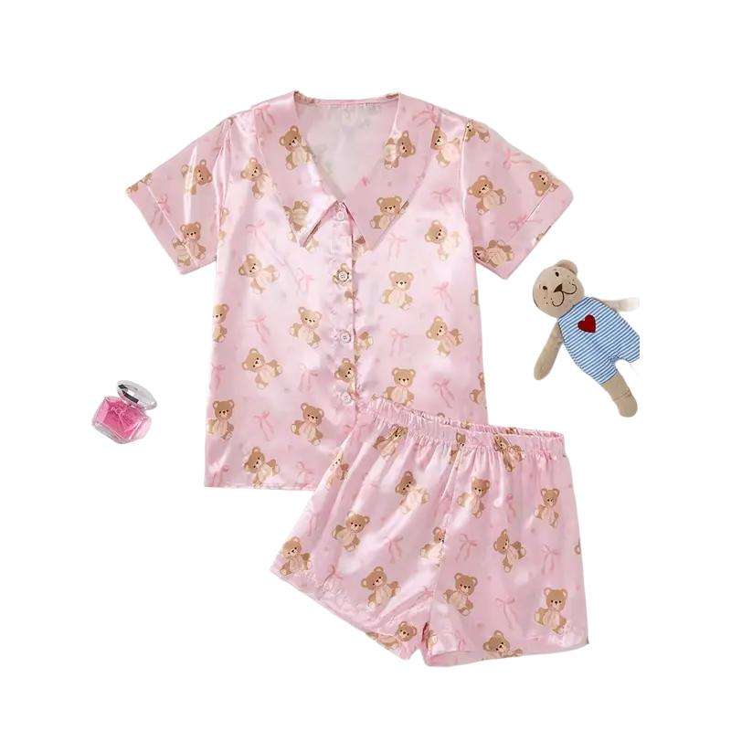 Cute Teddy Bearr Patterns Short Sleeve Pajama Set, Soft Satin Sleepwear For Women Girls, Comfy Loungewear, Sweet Nightwear, Birthday Gift Idea | 060126.C03537.ID02