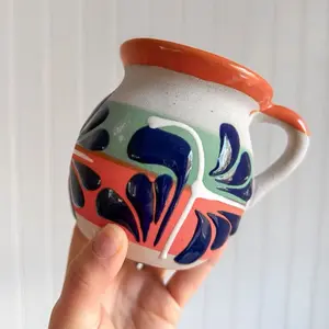 Orange Engobe Ceramic Jarrito Coffee Mugs - Reusable Clay Design, Ideal for Coffee Drinking - Reuse, Drinkware, Washable Traditional Ceramic, Handmade & Decorated, Lead Free, Keeps Hot/Warm, 12oz Capacity - Tumbler Mexican mug ceramic mug