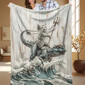 1 cat riding dinosaur printed blanket, modern style blanket, soft and comfortable blanket, travel sofa bed blanket, office home decoration, birthday gift blanket, unisex, ,Thin Blanket Dream Workshop