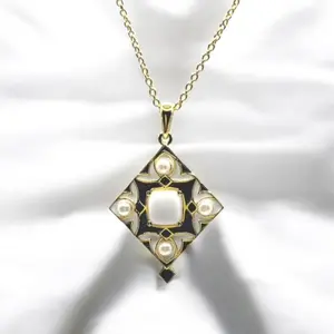 Cabochon White Agate/Black Spinel Pendant in Yellow Gold Plated Sterling Silver