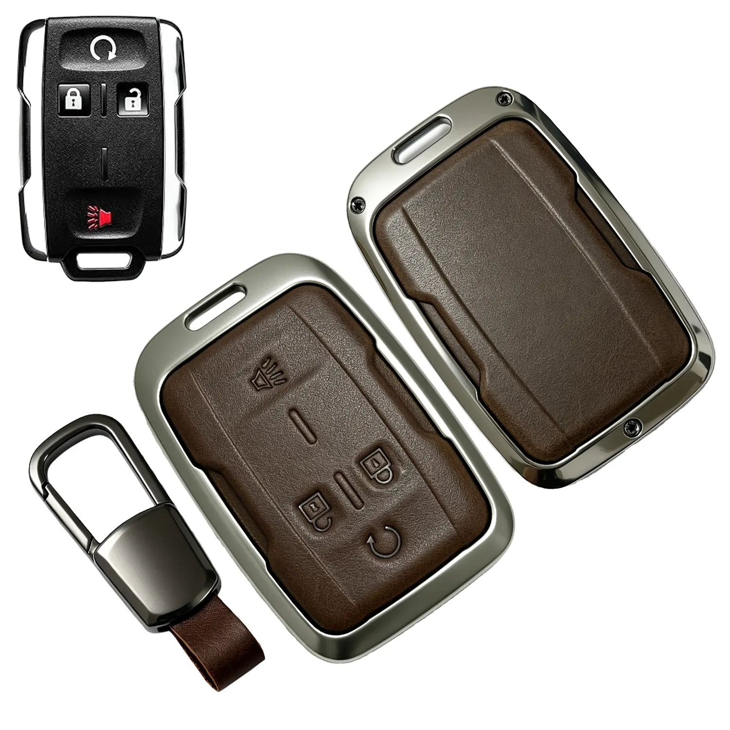 WOAOW Leather Car Key Fob Cover - Scratch Guard Protection Car Accessories, Fits Chevy 2019-2023 Silverado 1500/2500HD/3500HD & GMC Sierra Key Case