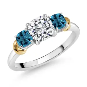 Gem Stone King 925 Silver and 10K Yellow Gold Cushion Cut IGI Certified Lab Grown Diamond and Gemstone Birthstone 3-Stone Engagement Ring for Women | Center 1 Ct Diamond | D-E Color | VS1-VS2 | Size 5-9