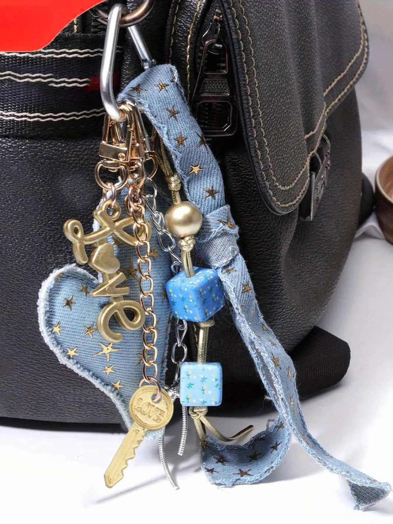 Maillard Style Star Pattern Blue Fabric Heart Keychain with "LOVE" Letter Charms, Bow & Keys, Beaded Pendant, Vintage Blue Key Ring, Bag Chain Charm, Stylish Keyring, Stylish Keychain For Bags