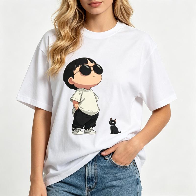 Women's Pure Cotton Comfortable Crew Neck Graphic Tshirt - Oversized White Loose-Fit Short Sleeve Fashion Top, Lightweight Kawaii Black Cat Sunglasses Print, Y2K Aesthetic Streetwear for Summer Beach Casual Outfits