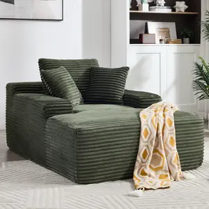 67" Chaise Lounge Chair 9.9'' Wide Armrest Indoor Corduroy Oversized Sleeper Sofa for Living Room Deep Seat Lounge and Three Soft Pillows Convertible Boneless Sofa Bed, Green, No Assembly Required