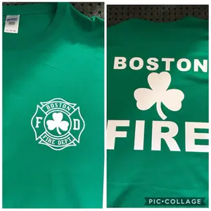 Boston Fire Department St Patrick's Day Irish Heritage T Shirt Green with White Shamrock Design and Logo Featuring Boston Fire Dept Text
